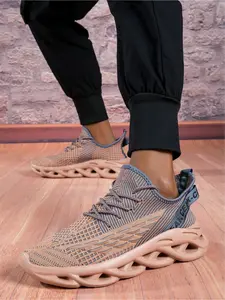 Men's Khaki-Blue Blade Dad Shoes: Full Palm Shock-Absorbing + Breathable Flyknit, Daily Outfit Trendy Sneakers