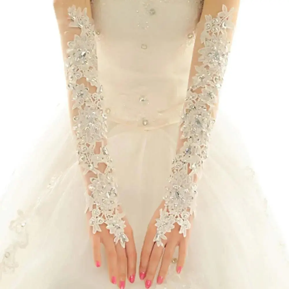 Fingerless Rhinestone Lace Bridal Wedding Gloves Long Fancy Party Wedding Opera Appliques Gloves
