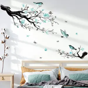 Watercolor Blue Flower Wall  Blossom Bird Tree Branch Wall Stickers Living Room Sofa TV Background Wall Decor