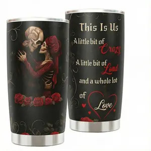 This Is Us Couple Gift 20oz Tumbler, A Little Bit of Crazy Love Quote, Skeleton Husband Wife Travel Mug, Gothic Romance Coffee Cup, Funny Anniversary Present, Vacuum Insulated