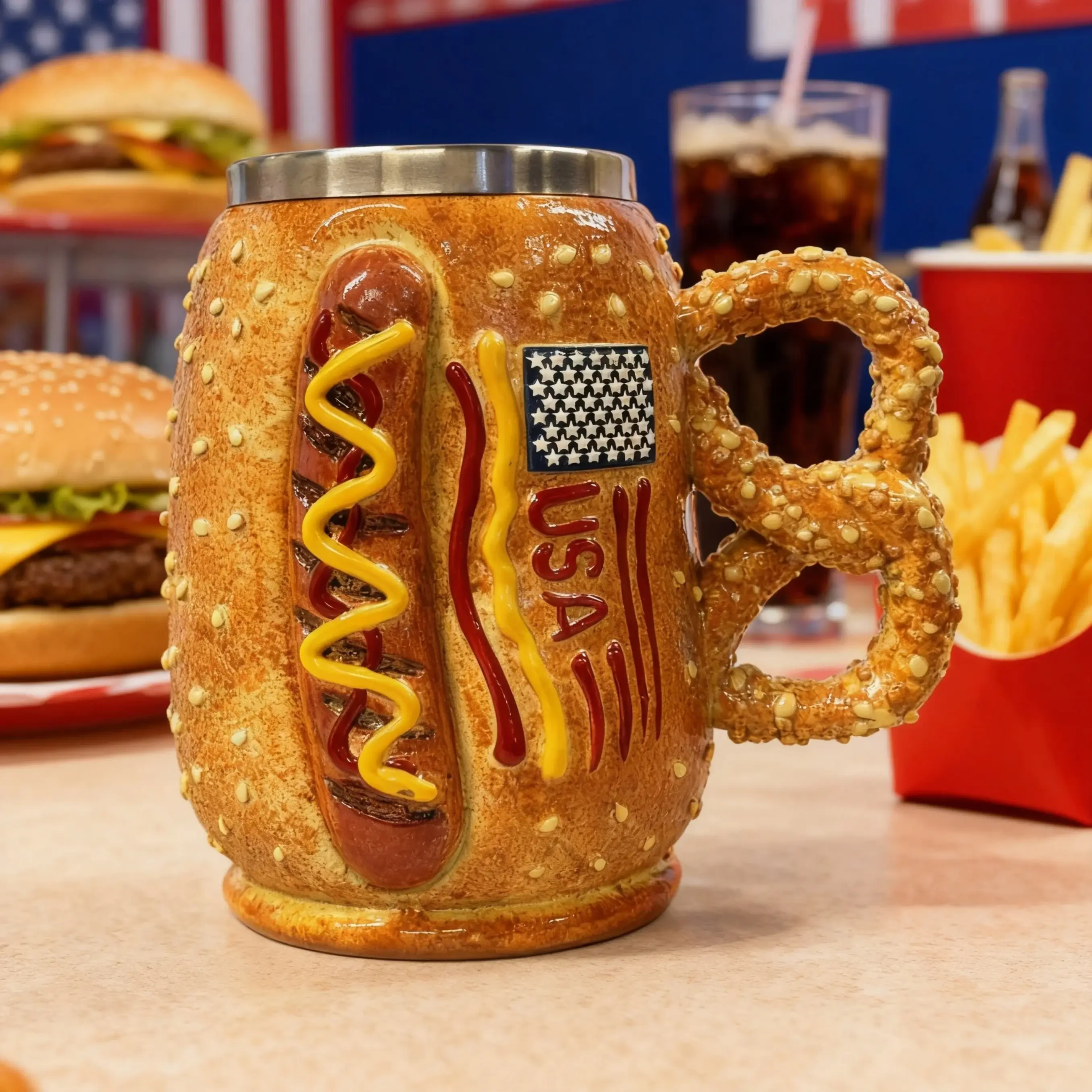 15oz (450ml) USA Embossed Ceramic Beer Mug with Pretzel Handle, Lead-Free Ceramic Body Hand-Painted Hot Dog Themed Drinkware, Novelty Party Use Gift for Kitchenware Enthusiasts