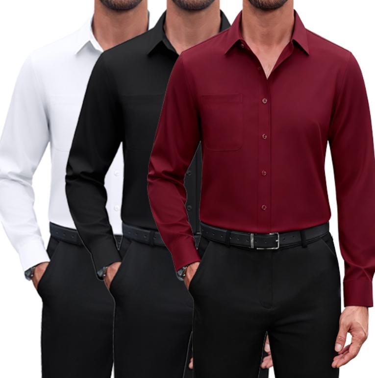 3-Pack Alimens&Gentle Men's Dress Shirts 4-way Stretch Long Sleeve Collared Solid Wedding Dating Button Down Shirts Business Casual Breathable Outfits Menswear