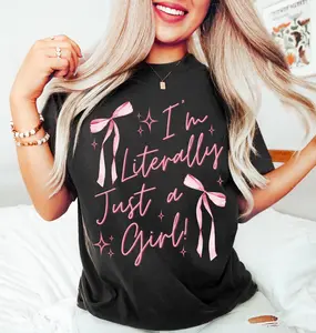 Im Literally Just A Girl Tshirt, Trendy Girly Shirt, Bow Sticker T-Shirt, Girlhood, Baddie, Trending Shirt Graphic Tees Womenswear