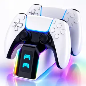 PS5 Controller Charger Dock, Compatible with PS5/Slim/Pro and DualSense Edge Controllers, 2-Hour Fast Charging Dual Charging Station with 9 RGB Lighting Modes, Red Blue LED Charging Status Indicator, USB-C Powered Gamepad Charger Stand with RGB Mode Switc