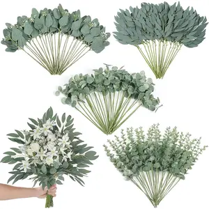 120 Pcs 4 Kinds Mixed Plastic Artificial Eucalyptus Leaf Stems, Bulk Fake Silver Dollar Eucalyptus Bundle, Decorative Faux Flower Greenery for Vase DIY Bouquets, Wedding Decor (Green)