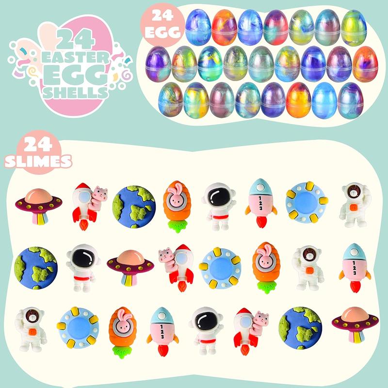 24 Pcs Galaxy Slime Eggs with Toys, Unscented, Multi-color, Easter, Space Theme, 3+ Years, Small, Multi Color, Slime with Toys, Putty, Childrens Multi-item Party Favor Packs, Unisex Children
