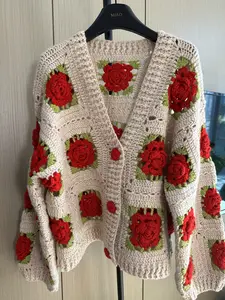 MIAO Women's Handknitted Sweater Cardigan Outfits 3D Hollow Red Flowers Crochet Design Cozy Fashion  Knitwear Knitting Tops Long Sleeve