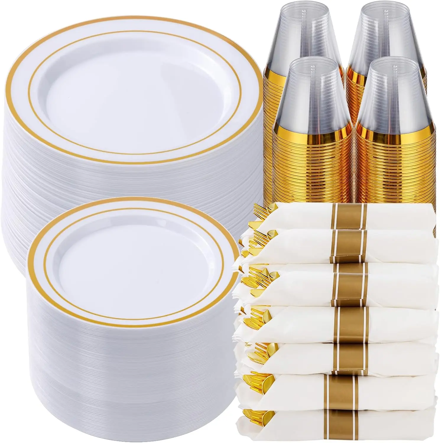 700 Piece Gold Plastic Dinnerware Set for 100 Guests | Disposable Dinnerware Includes: 100 Dinner Plates, 100 Dessert Plates, 100 Pre Rolled Napkins with Silverware, 100 Cups
