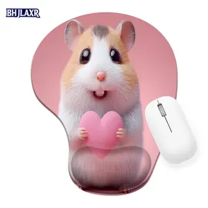 Cute Fluffy 3D Hamster White Brown Gray Fur Heart Silicone Wrist Rest Mouse Pad 8.98*7.56inch - Sweet Playful Design Ergonomic Mousepad for Office Home Gift