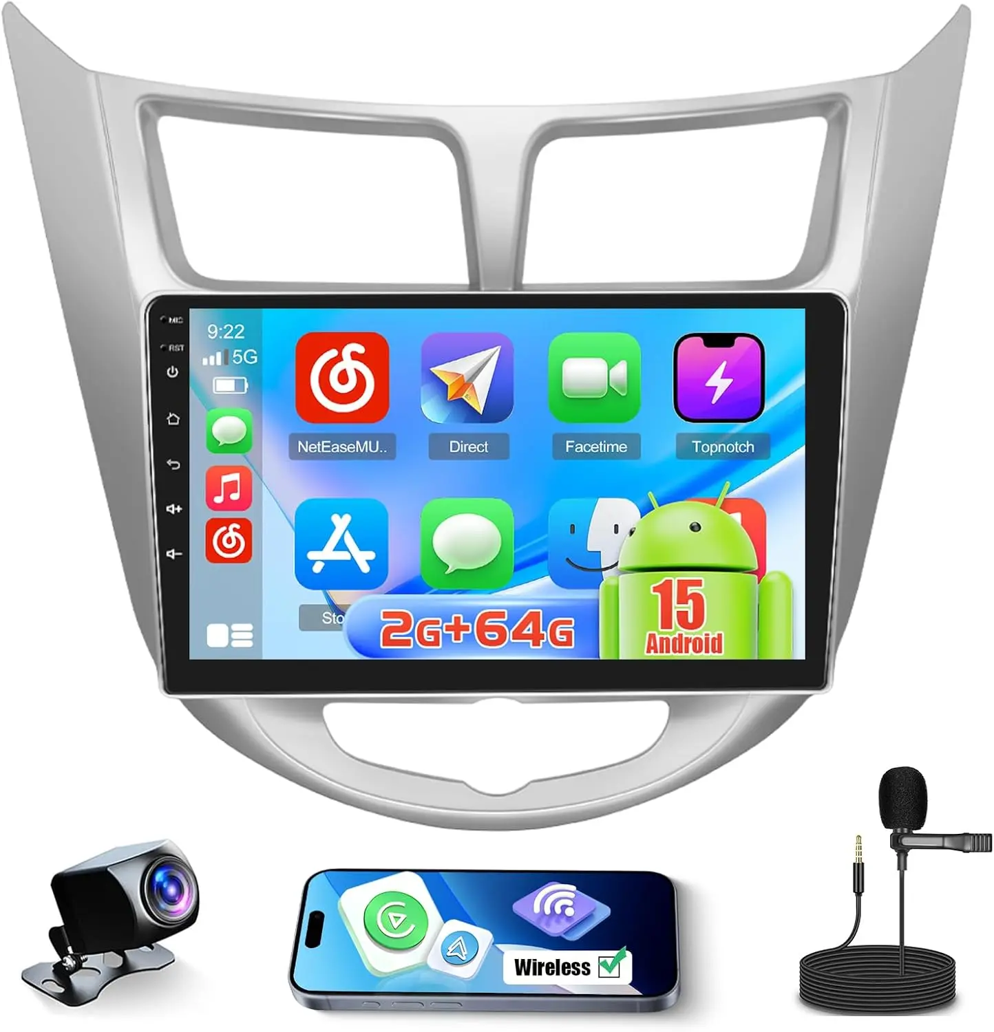 Android 15 Car Stereo for 2012-2017 Hyundai Accent Verna Solaris CarPlay Android Auto, 9 Inch Touch Screen for 2+64GB Accent Radio with GPS WiFi, Bluetooth FM/RDS EQ 26UI Backup Camera