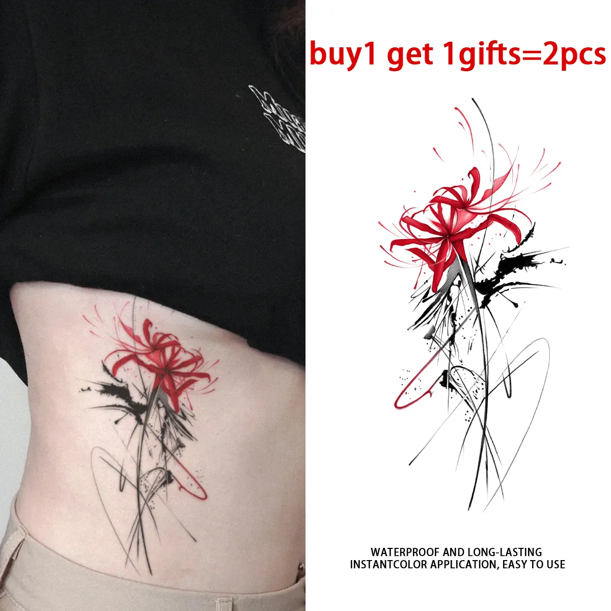 Watercolor Red Spider Lily Ink Splash Vertical Floral Temporary Tattoo Stickers 2 Pack, Long Lasting Semi-Permanent Waterproof Artistic Botanical Fake Body Tattoos, Moody Aesthetic Waist Rib Flower Tattoo For Women Men,