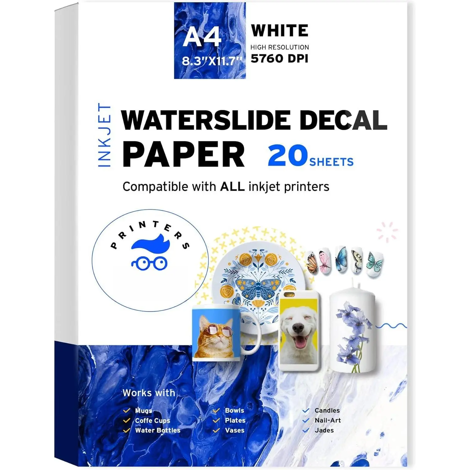 Water Slide Decal Paper Inkjet WHITE 20 Sheets A4 Size  Water-Slide Transfer Paper Printable Water Slide  for Tumblers, Mugs, Glasses DIY