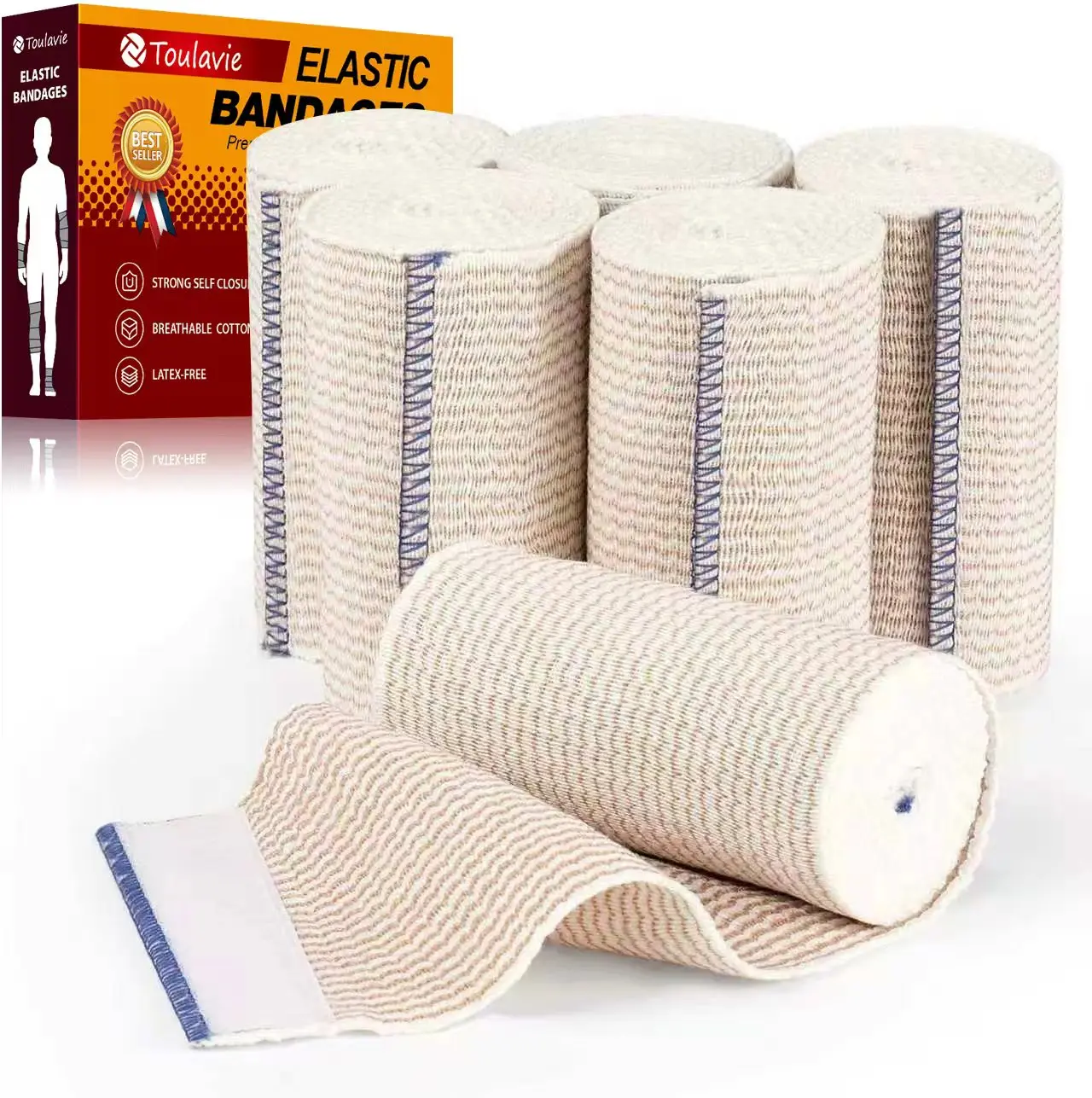 Premium Elastic Bandage Wrap, 6 Pack 4" Cotton Latex Free Compression Bandage Wrap with Touch Closure at Both Ends, Support & First Aid for Sports, Medical, and Injury Recovery