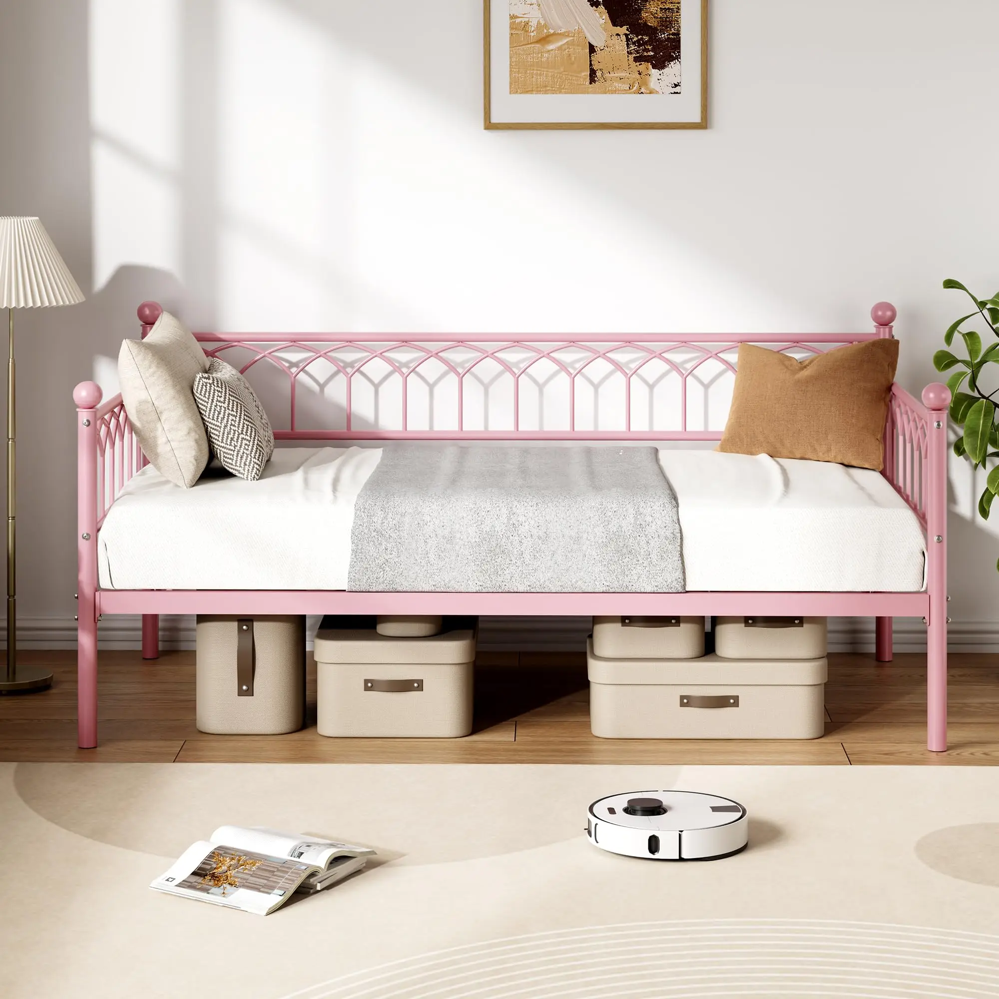 Heavy Duty Metal Twin Daybed with Pop-Up Trundle, Built-in Charging Station & LED Lights, Multifunctional Sofa Bed Frame for Bedroom Living Room Apartment Small Spaces
