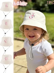 Baby Girl Flower Letter Embroidered Bucket Hat, Toddler Adjustable Wide Brim UV Protection Sun Cap with Chin Strap, Sun Hats For Toddlers(0-2y)