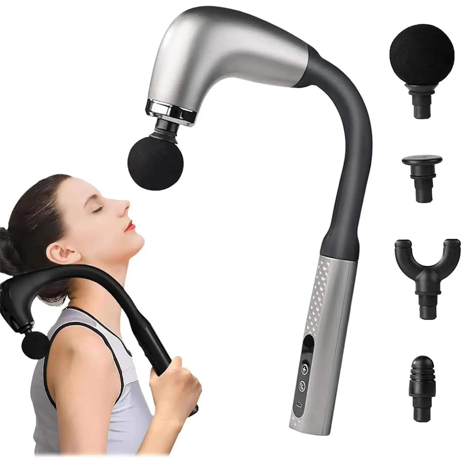 Deep Tissue Pain Relief Handheld Massage Gun with 9 Intensity Modes, 4 Interchangeable Heads, Quiet Brushless Motor & Extended Handle Rechargeable Body Massager for Back, Neck, Shoulders, Legs & Everyday Relaxation Gift Idea Daily
