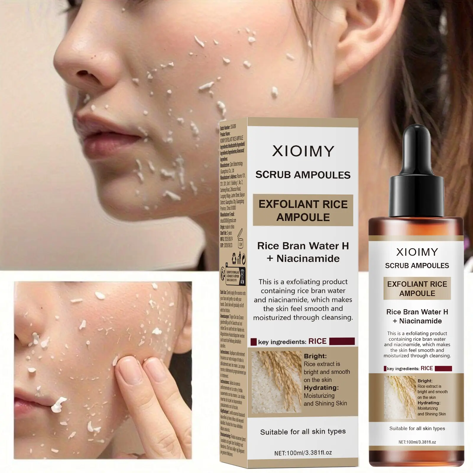 100ml Rice Face Exfoliating Gel, Mild Exfoliant, Deep-Cleansing Gentle Non-Irritating Formula with Strong Hydration Moisturizing, Brightens Skin on Face, Neck, Arms & Body, Exfoliating Brightening Solution