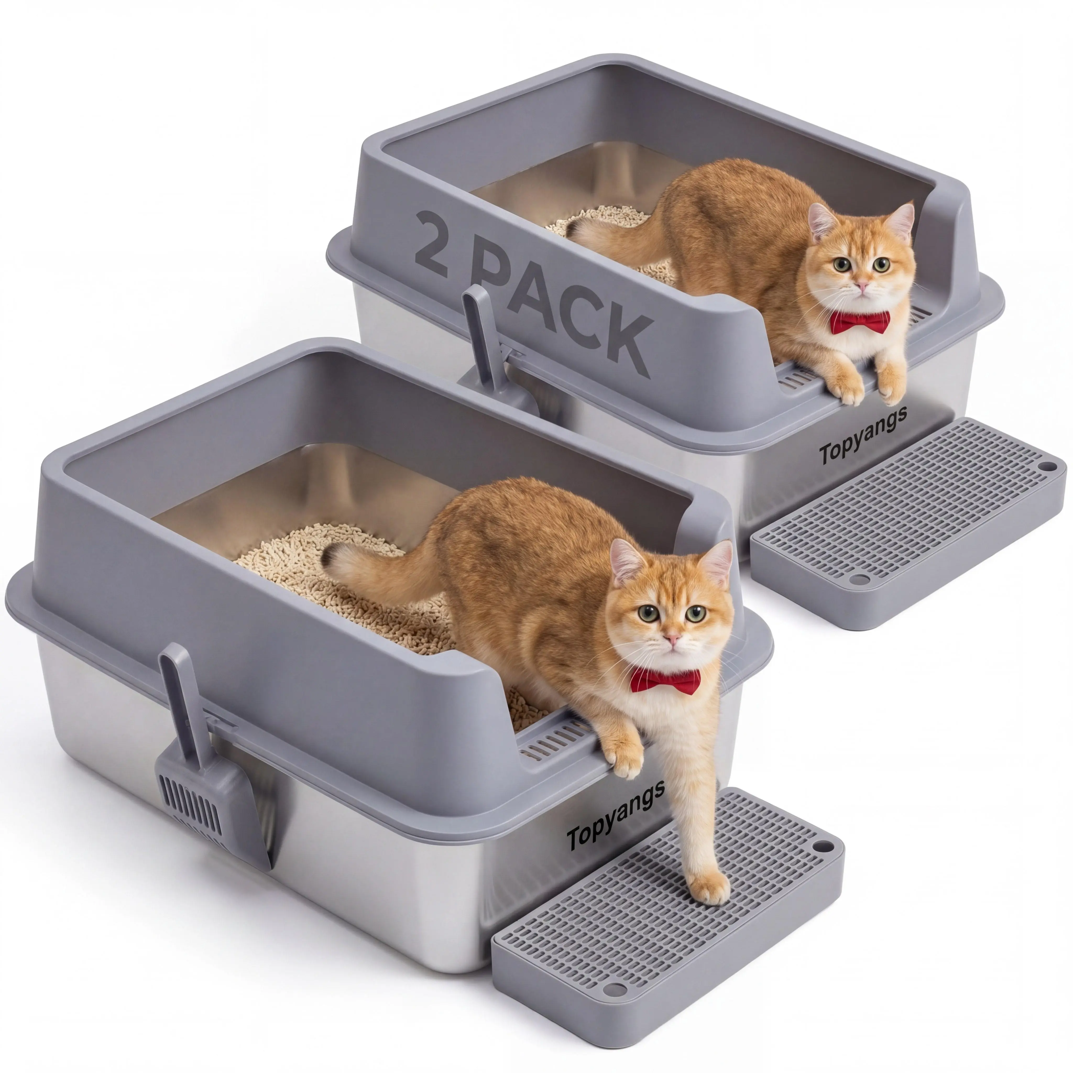 Topyangs 2-Pack Stainless Steel Cat Litter Box, Extra Large High Sided Splash Guard, Leakproof & Non-Stick Easy Clean Metal Litter Pan, 2 Free Litter Scoops for Multi-Cat Households, Ideal Cat Toilet Gift ,Litterbox