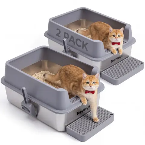 Topyangs 2-Pack 304 Stainless Steel Litter Boxes, Extra Large High-Sided Splash Guard, ABS Durable Leakproof Non-Stick Easy-Clean Metal Pans, 2 Free Litter Scoops, Odor-Resistant for Multi-Cat Households, Ideal Pet Gift