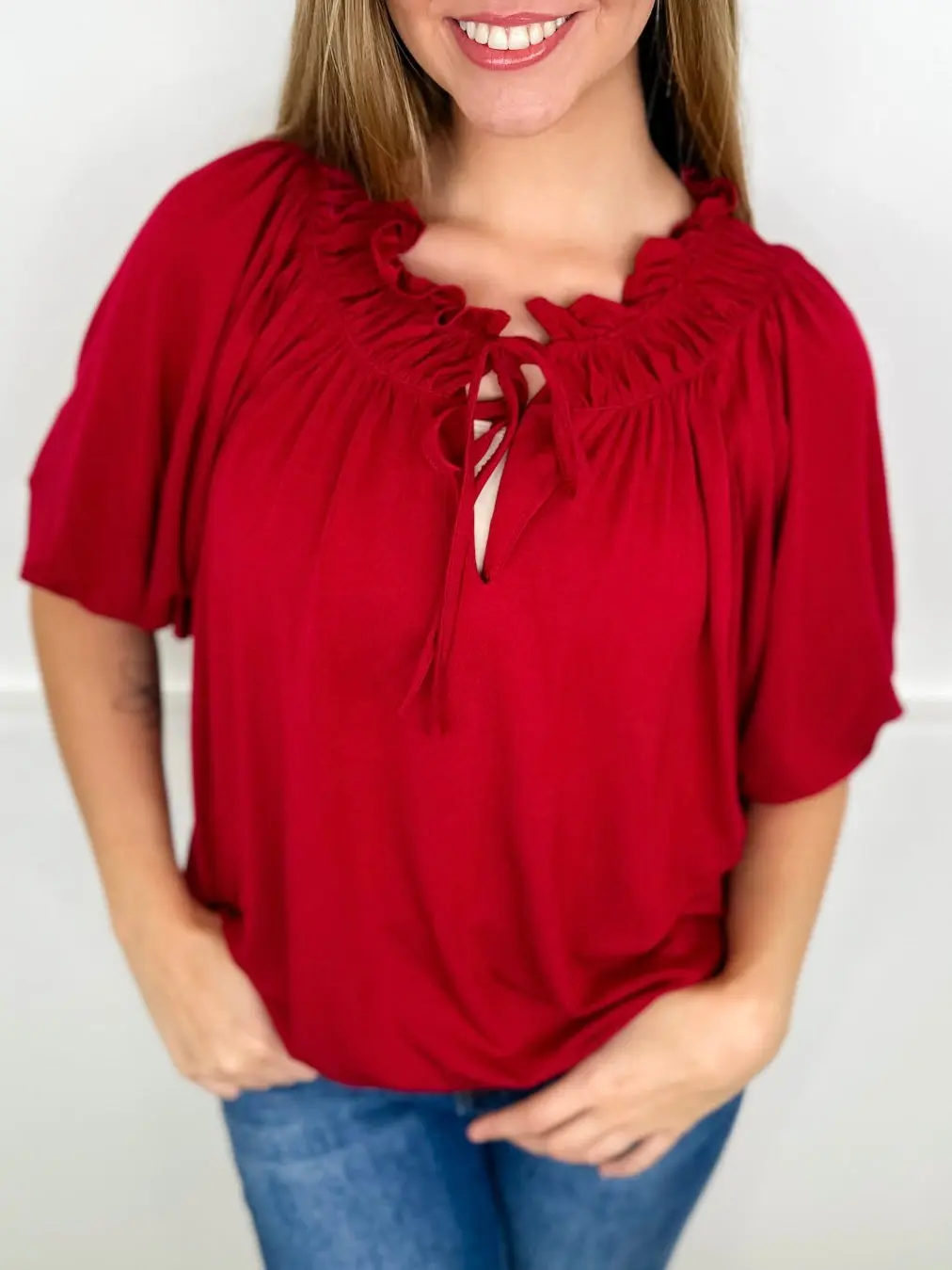 Women's Ruffle Neck Balloon Sleeve Top, Feminine Relaxed Fit Blouse in a Soft Stretchy Rayon Blend for Everyday Wear