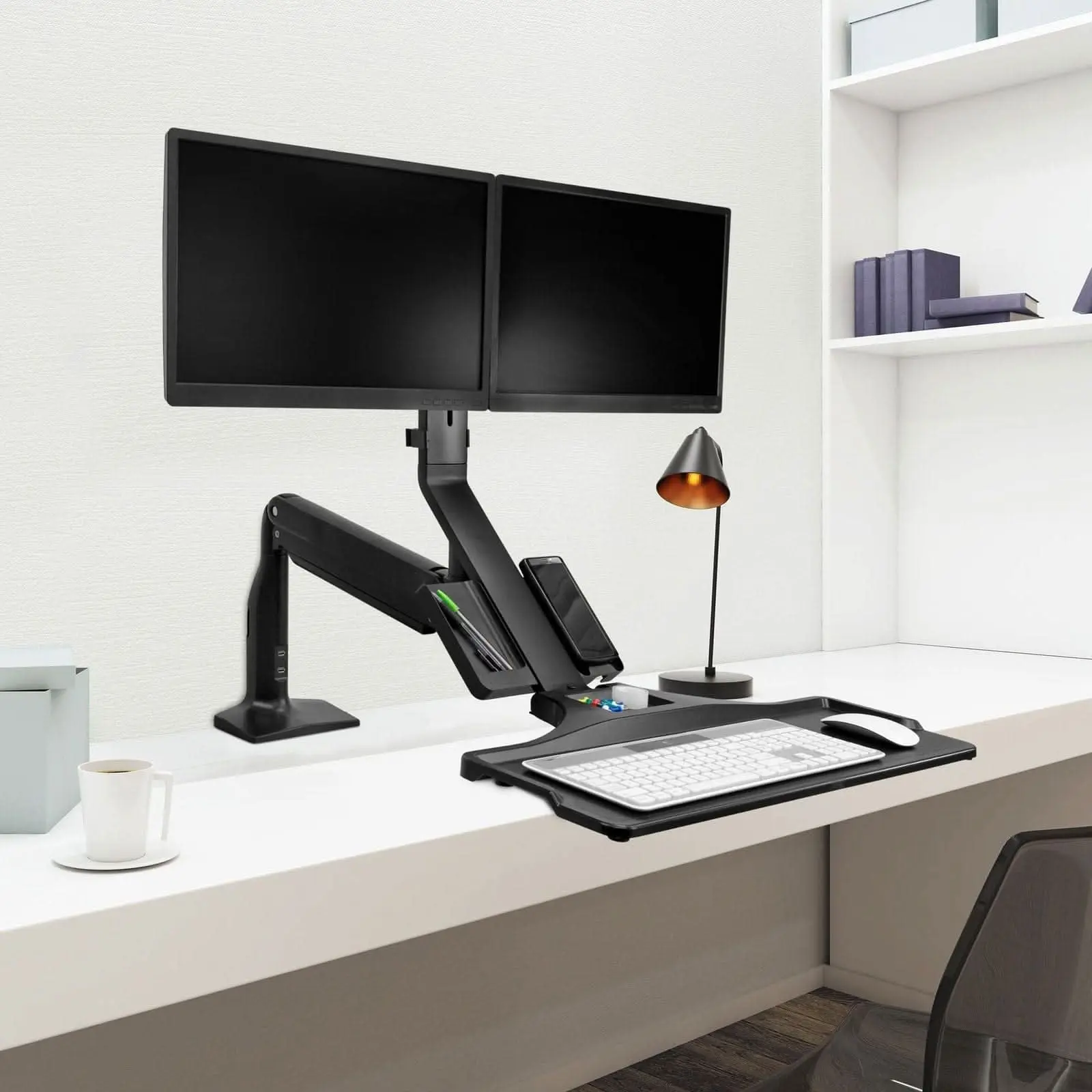 Mount-It! Ergonomic Home Office Dual Monitor Standing Workstation Desk Mount with Keyboard Tray - Gas Spring Full Motion Arm, USB 3.0 Ports, Fits 13-27" Screens up to 13.2 lbs, VESA 75x75/100x100, C-Clamp & Grommet Base, Easy Installation, Comfortable Way