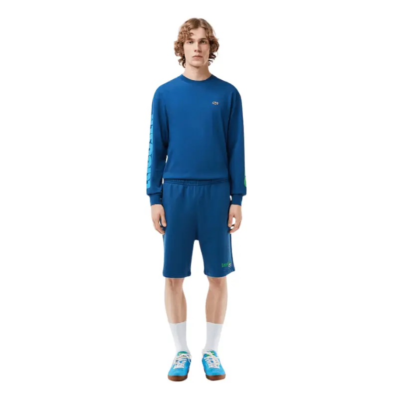 Men's Lacoste Washed Effect Embroidered Regular Fit Cotton Fleece Straight Athletic Shorts with Pocket - Menswear Sportswear for Sports, Outdoor Activities, Male, Organic Cotton, Two Handy Pockets
