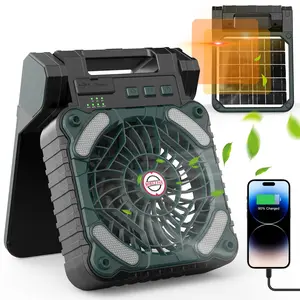 Solar Powered Rechargeable Fan, Portable Fan with LED Light, 4-speed Wind Adjustment & Timing Function Fan, Suitable for Camping, Fishing and Travel
