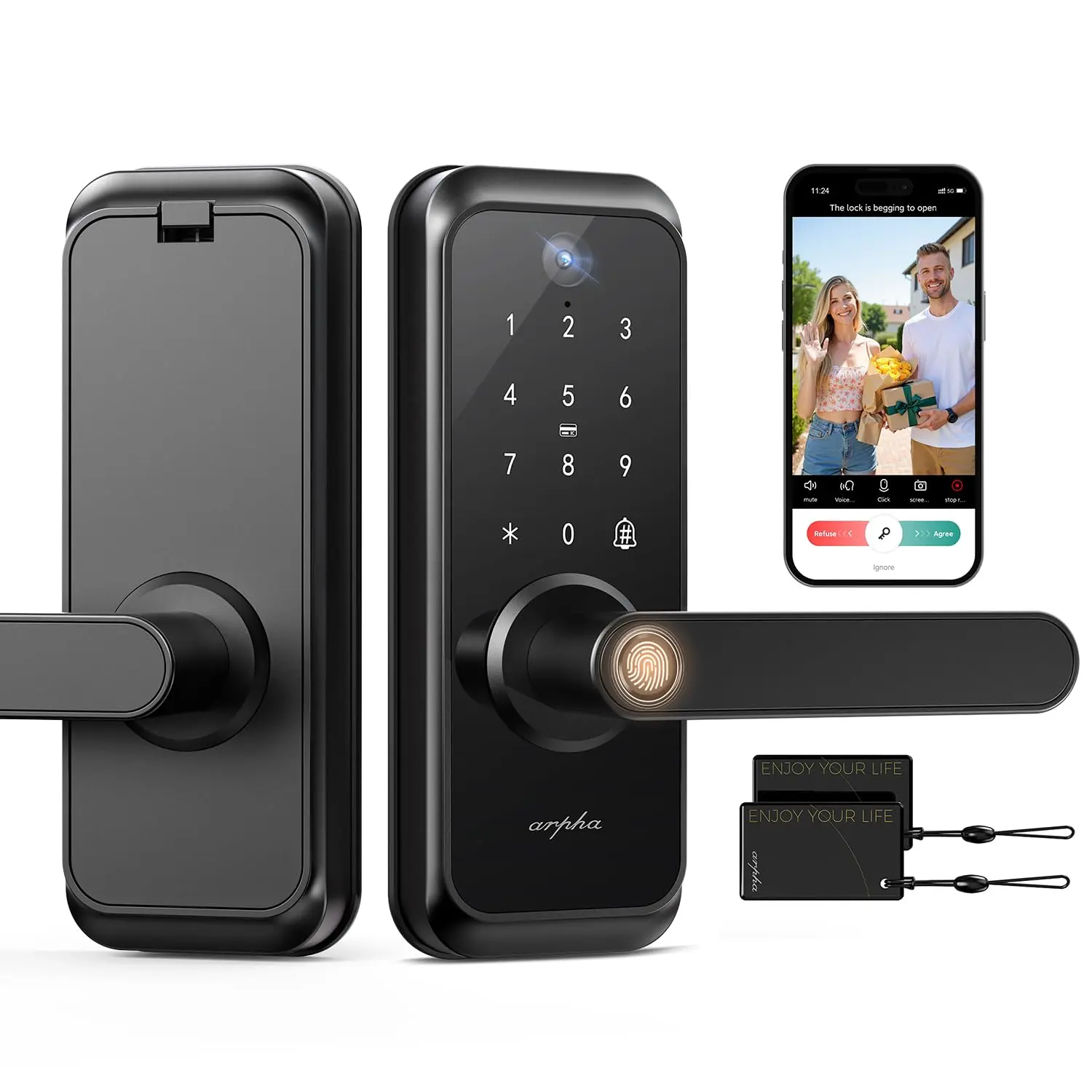 Arpha T229 WiFi Video Smart Lock with Camera & Handle - 6-in-1 Keyless Entry (Fingerprint/App/Keypad/FOB/Key/Camera), Built-in WiFi, 2-Way Audio, Auto-Lock, Waterproof - Black
