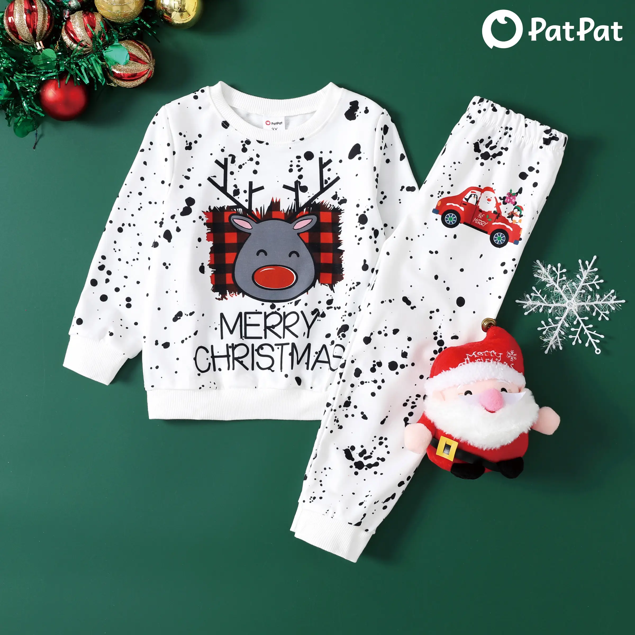 PatPat 2pcs Toddler Boy Childlike Christmas Deer Pattern Set