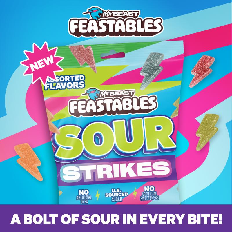 Feastables by Mr.Beast - Sour Strikes – Mixed Gummies, Sour Candies, with Watermelon, Green Apple, Strawberry & Raspberry Flavors, Sweets for Kids and Adults, Perfect Halloween Snack