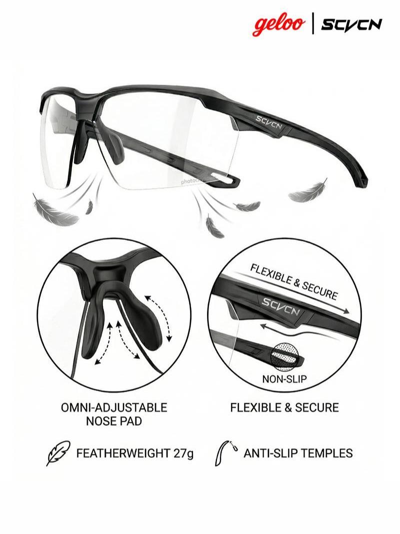 SCVCN GLA1 Photochromic Sports Sunglasses, UV400 Protection, Day & Night Use, Ultra Lightweight 27g, Shatter-Resistant PC Lenses, Wrap Around Frame for Running Cycling Hiking, Adjustable Nose Pads, 6 Stylish Color Options