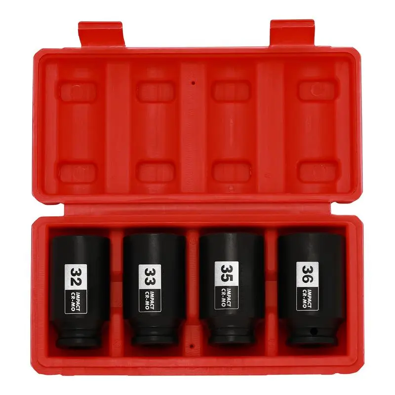 1/2'' Drive Deep Spindle Axle Nut Impact Socket Set - 6-Point CR-MO - 32,33,35,36mm 4PC Heavy Duty Drive Sockets & Wrench Kit for Car Repair & Maintenance, Socket Wrench Kit