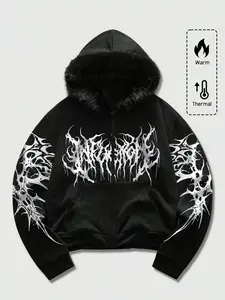 Men's Zipper Hoodie with Faux Fur Lining, Graphic Metal Font Print, Warm Street Style, Loose Fit, Ideal for Cold Outdoors & Night Activities, Sweatshirts