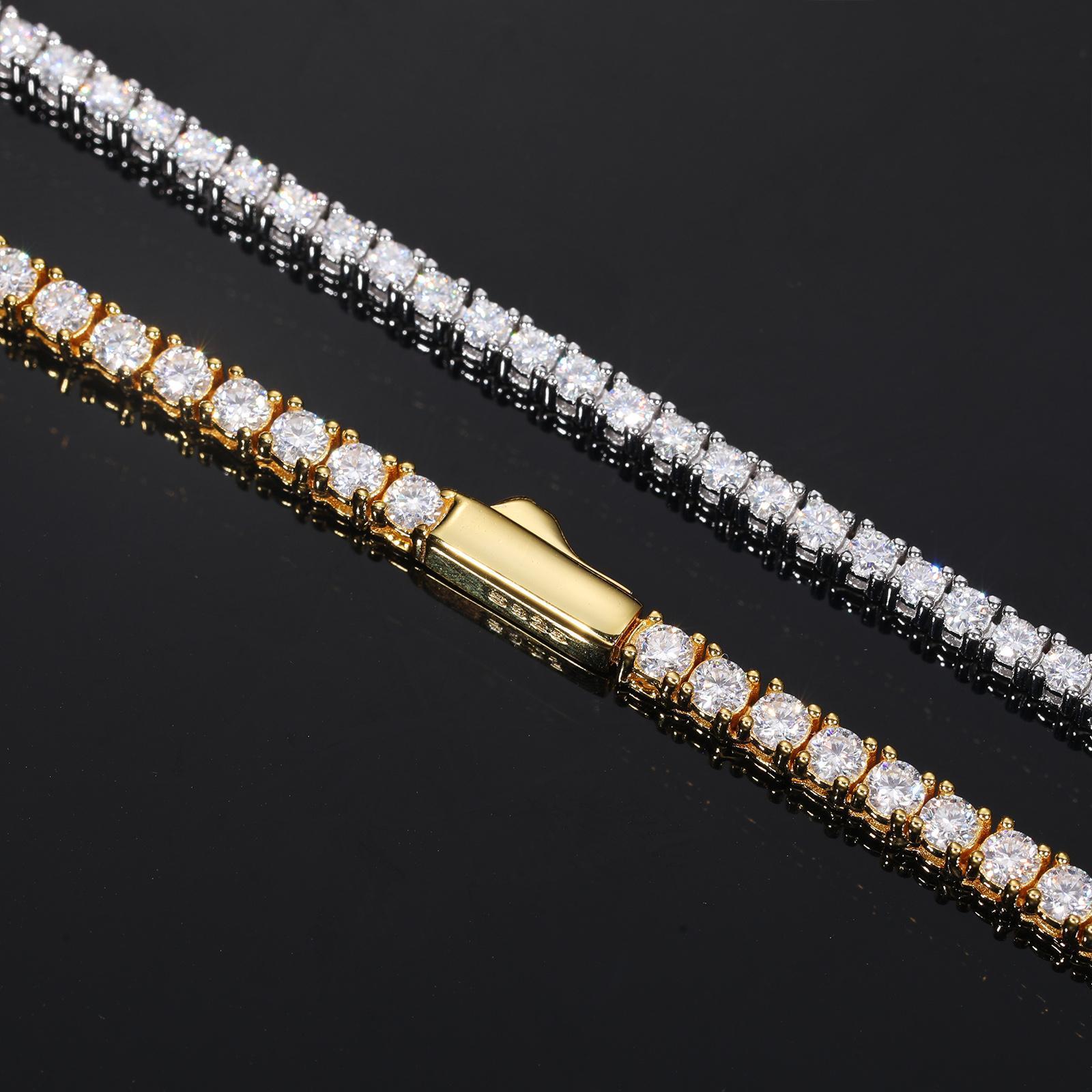 Meisidian Iced Out Moissanite Diamond   Sterling Silver Plated Gold 2mm 3mm 4m 5mm Tennis Chain Necklace