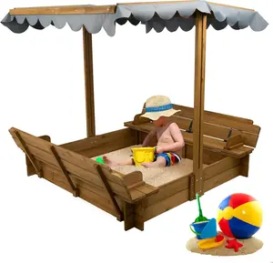 Wooden Sandbox with Lid, Kids Sandbox with Cover Outdoor, with 2 Foldable Bench Seats for Backyard (47x47in), UV-Resistant & Adjustable Height Roof, Gift for Ages 2-8