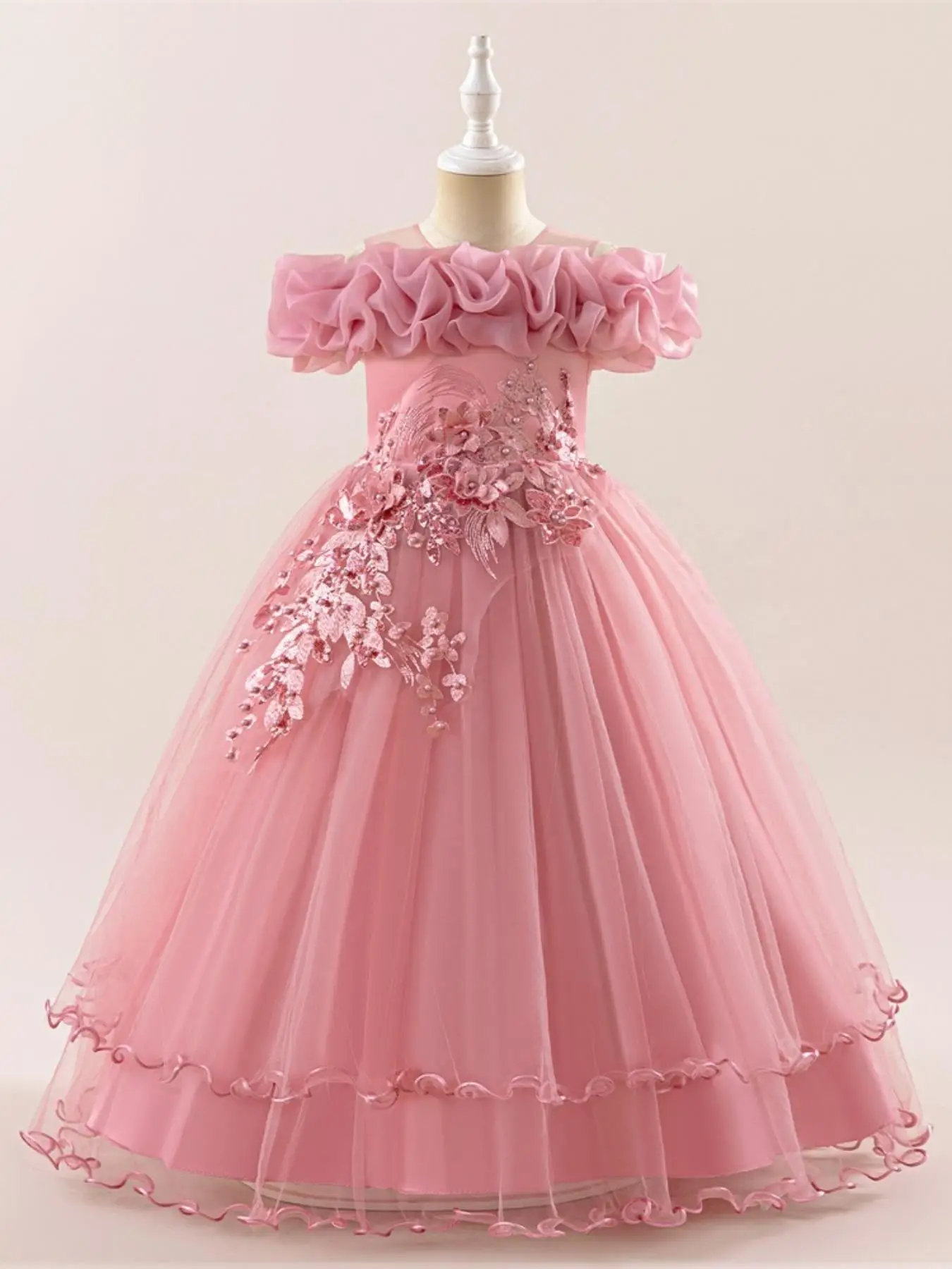 Girl's Cold Shoulder Faux Pearl Decor Bowknot Design Tiered Layer Dress, Elegant Floral Embroidering Short Sleeve Dress for Party Performance Wedding