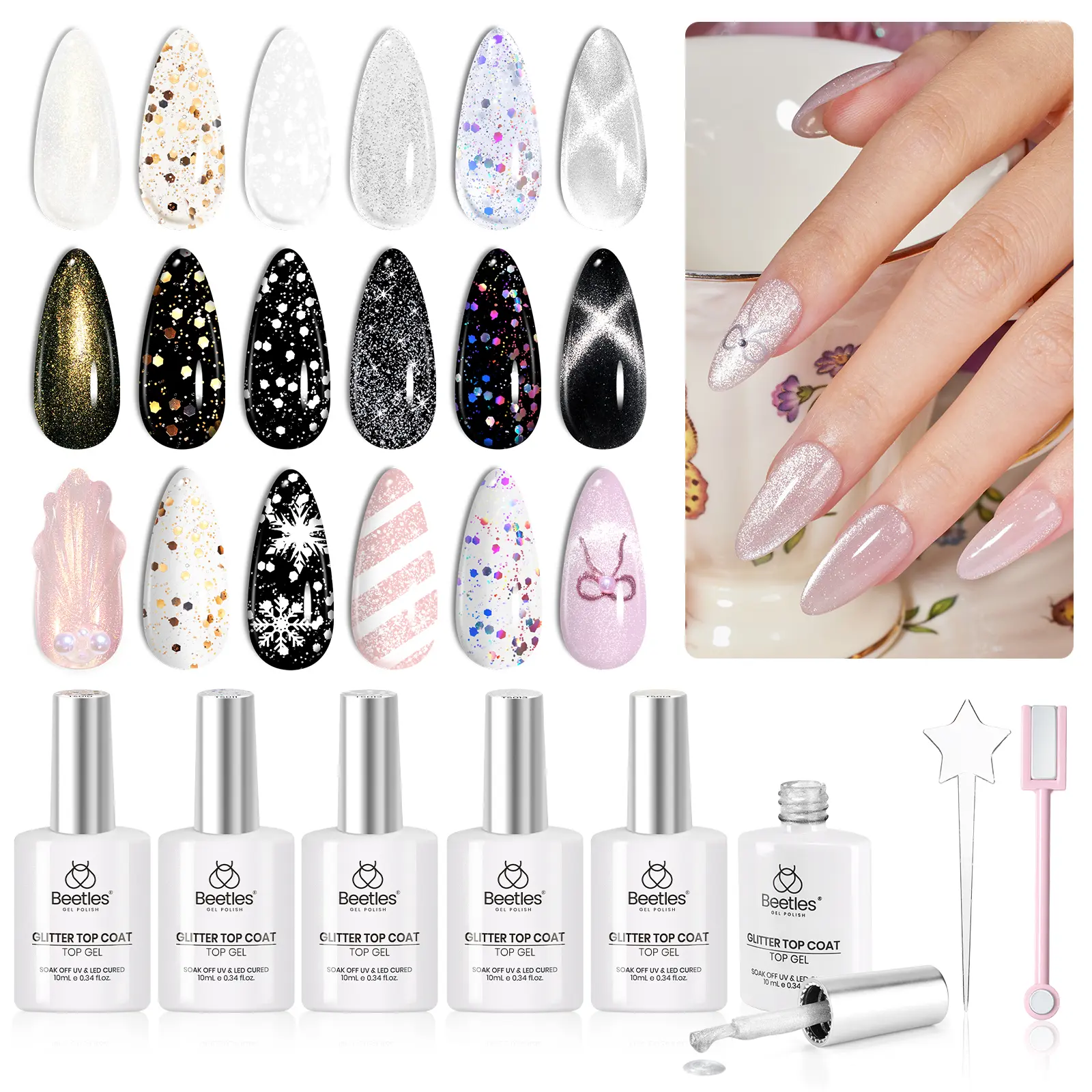 6 Styles Holographic Glitter Top Coat Set