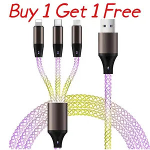 Universal 3 IN 1 66W 6A Fast Charging Cable RGB Light USB Type C Micro Data Cord For iPhone Xiaomi Samsung Oneplus