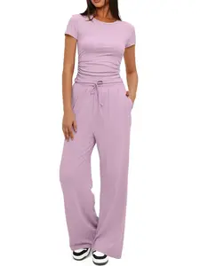 Women's Solid Color Summer Ruched Sporty Casual Short Sleeve Top High Waist Belted Wide Leg Pants Set