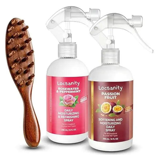 LOCSANITY 3-Piece Loc Care Kit - Vegan Plant-Based Morning Routine Set with Botanical Spritz, Jojoba Oil, Brush - Gentle Nourishing Peppermint Argan Hydration Boost for Sisterlocks, Dreadlocks
