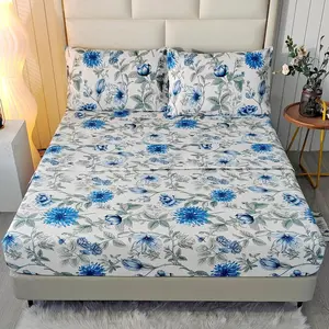 4PCS Blue Floral Queen Sheets Set, Soft Microfiber Floral Sheets Queen Size Deep, Botanical Vintage Blue Flower Bed Sheet Set