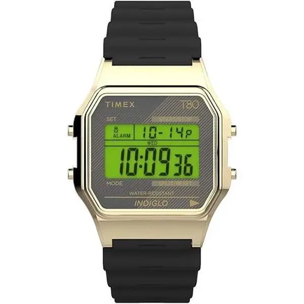 TIMEX 80 Retro Unisex Digital Watch, 34mm Gold-Tone with Black Resin Band, Chronograph, Calendar, 30m - 50m Water Resistant, TW2V41000, Gold-Tone Metal, Quartz, Square, Vintage