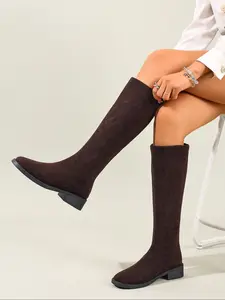 Women's oversized suede boots, sturdy high-heeled zippered women's boots, warm autumn and winter boots, classic knight boots, knee boots, comfortable and durable versatile style