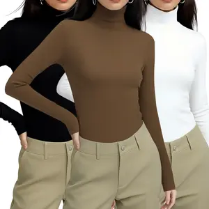 Women's 3pcs Chic Turtleneck Crop Tees - Long Sleeve Slim Fit Thermal Ruched Tops Loungewear Basic Sleepwear for Spring Fall