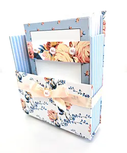 Chic Brico 42-Pc Stationery Gift Box Set w/Reusable Desktop Organizer Box and Gold Pen - Vintage Blue Trellis Wallpaper