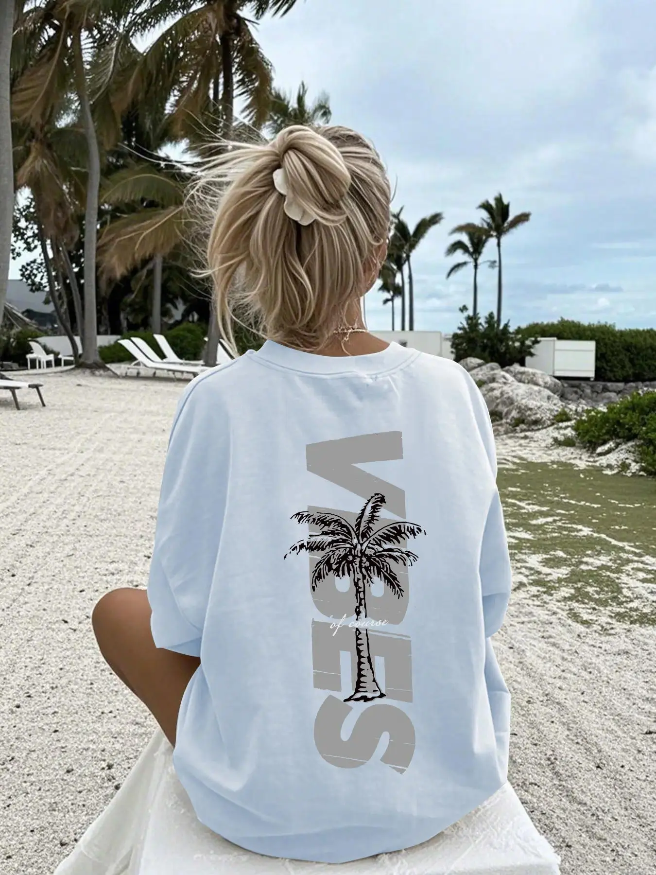 Unisex Vibes Palm Tree T-Shirt Light Blue Beach Vibe Design "Of Course" Retro Palm Tree Graphic Tee Casual Oversized Crew Neck Top Summer Coastal Streetwear For Beach Lovers & Free Spirits