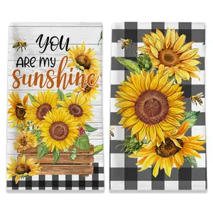Sunflower Kitchen Towels, You are My Sunshine Dish Towels Set of 2, Farmhouse Sunflower Kitchen Decor, Summer Floral Buffalo Plaid Yellow Hand Towels for Housewarming (18x26 Inches)