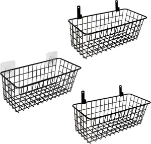 3 Set Hanging Wire Baskets Wall Mount Fruit Basket No Drilling Adhesive Small Metal Basket Farmhouse Food Storage Mesh Bin Kitchen Pantry Laundry Bathroom Closet Garage RV Black