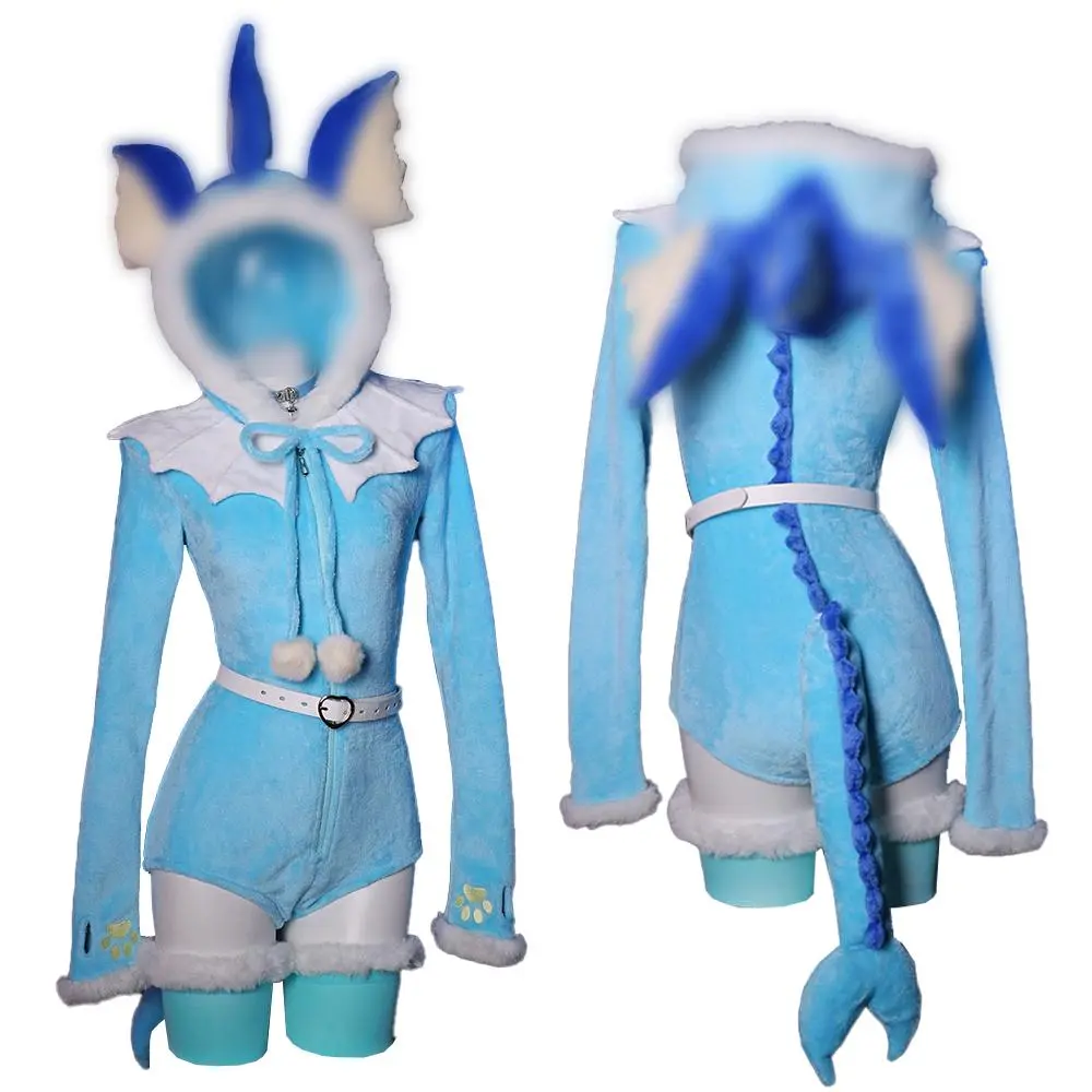 Mobbunny PM Derivative Fluffy Bodycon Romper Blue Furry Hooded Bodysuit Homewear with Tail Belt and Socks Cisplay Costume