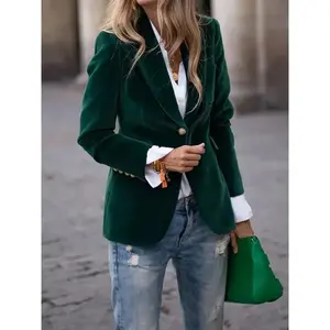 [Quickdelivey]ElegantWomen'sGreenVelvetBlazer-ChicRetroSingle-BreastedJacketwithGoldenButtons,andStretchyPolyesterBlendforSeasons,VersatileWomen'sBlazer|RetroChicJacket|StretchyCoatsSpandexFabricWomenswearTops Suits Long Sleeve